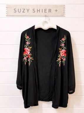 SUZY SHIER Black Floral Embroidered Kimono Cardigan XL/1X